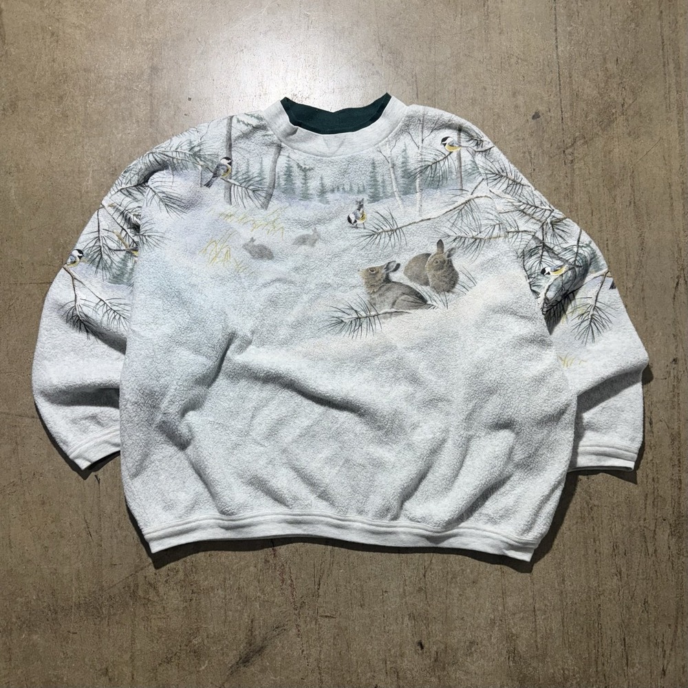 Artisans Sweatshirt Mens 2XL Gray Crewneck Fleece Winter Rabbits Birds Graphic